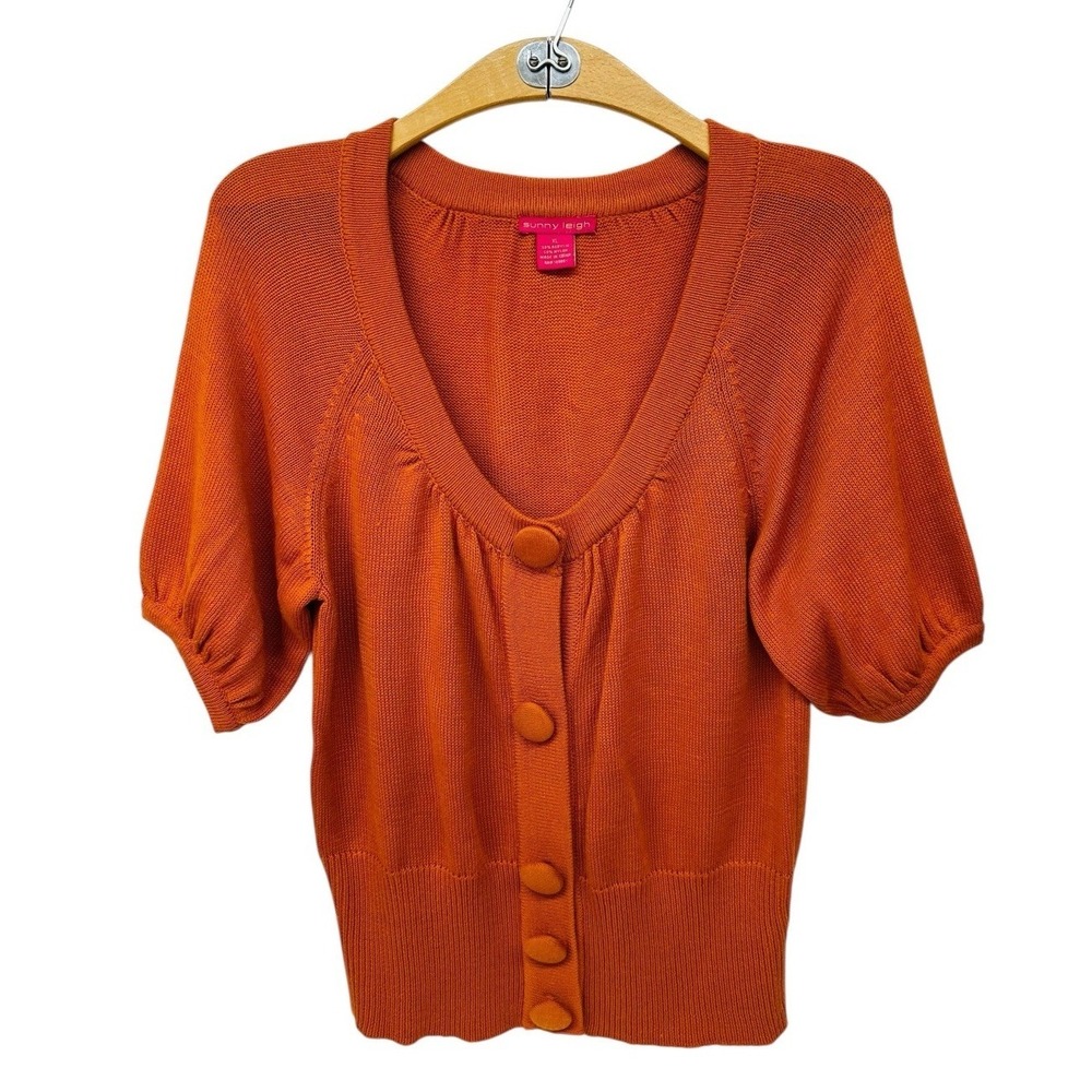VTG Sunny Leigh Snap Faux Button Knit Cardigan Burnt Orange Short Sleeve Sz XL